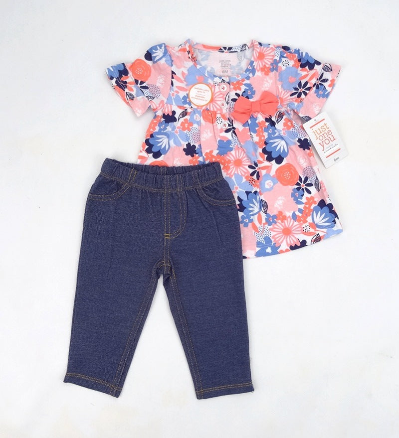 Casual Tweedelige Set Meisjestop met Korte Mouwen en Bloemenprint & Jeans voor Baby's/ Peuters