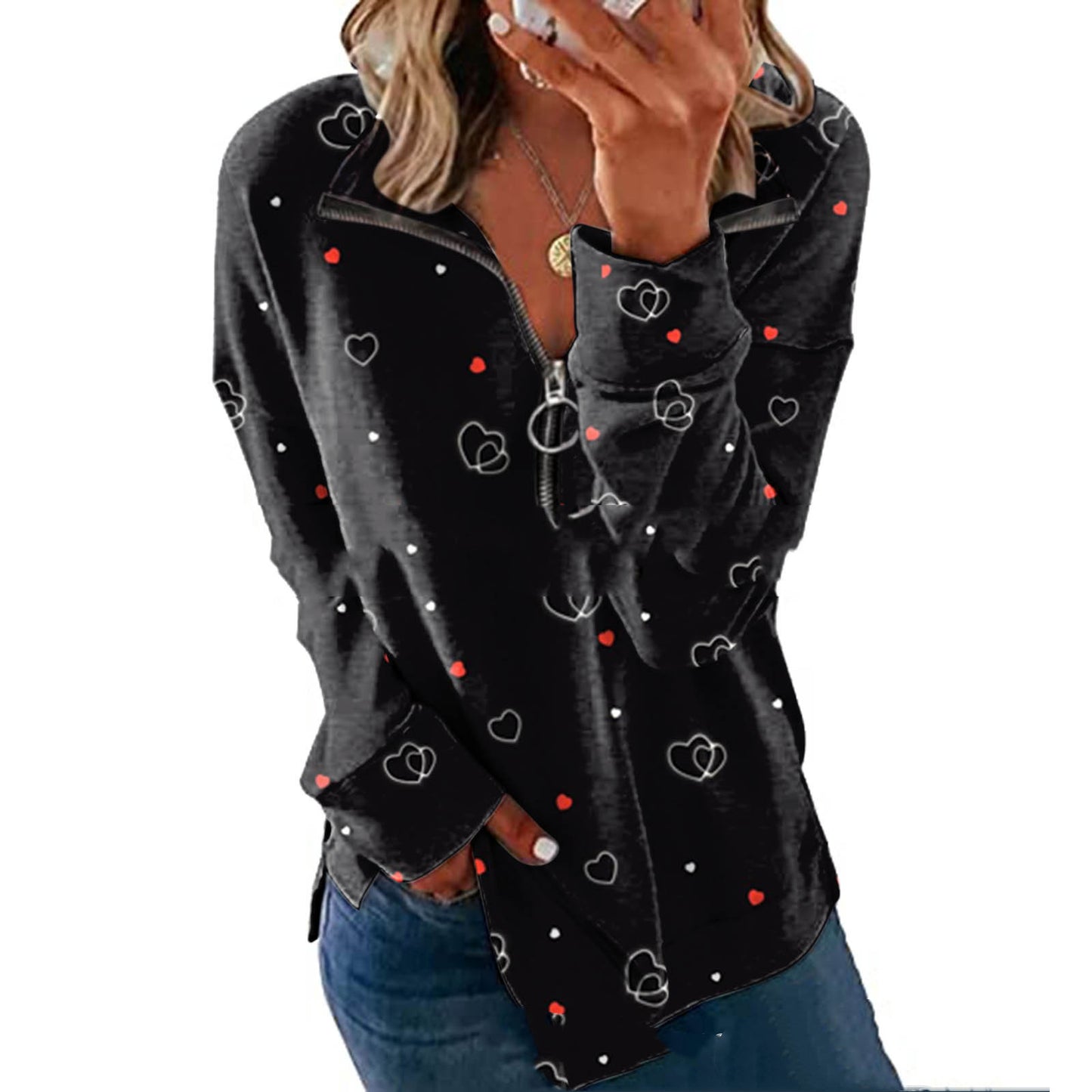 Europese en Amerikaanse Bedrukte Sweatshirt met Rits en Revers voor Dames/ Plus-size & Meiden