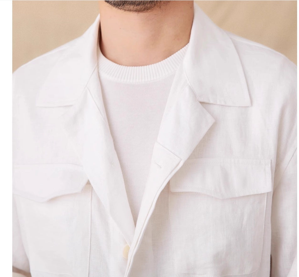 Trendy Losse Linnen Jacket met Knoopsluiting en Trekkoord voor Heren