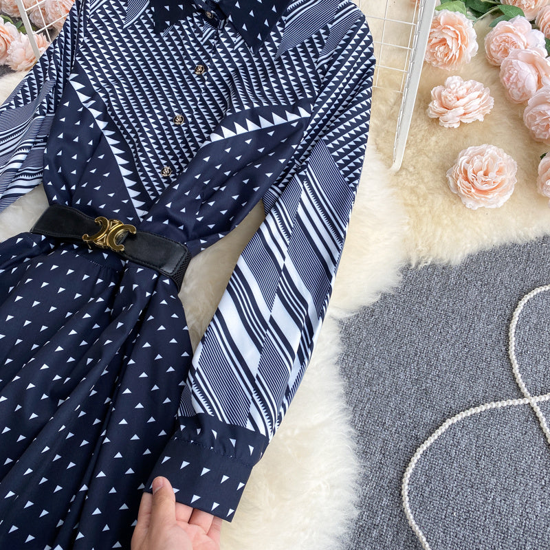 Niche Color-Blocking Retro A-lijn Slanke Gestreepte Jurk met Knoopsluiting en Riem voor Dames & Tieners