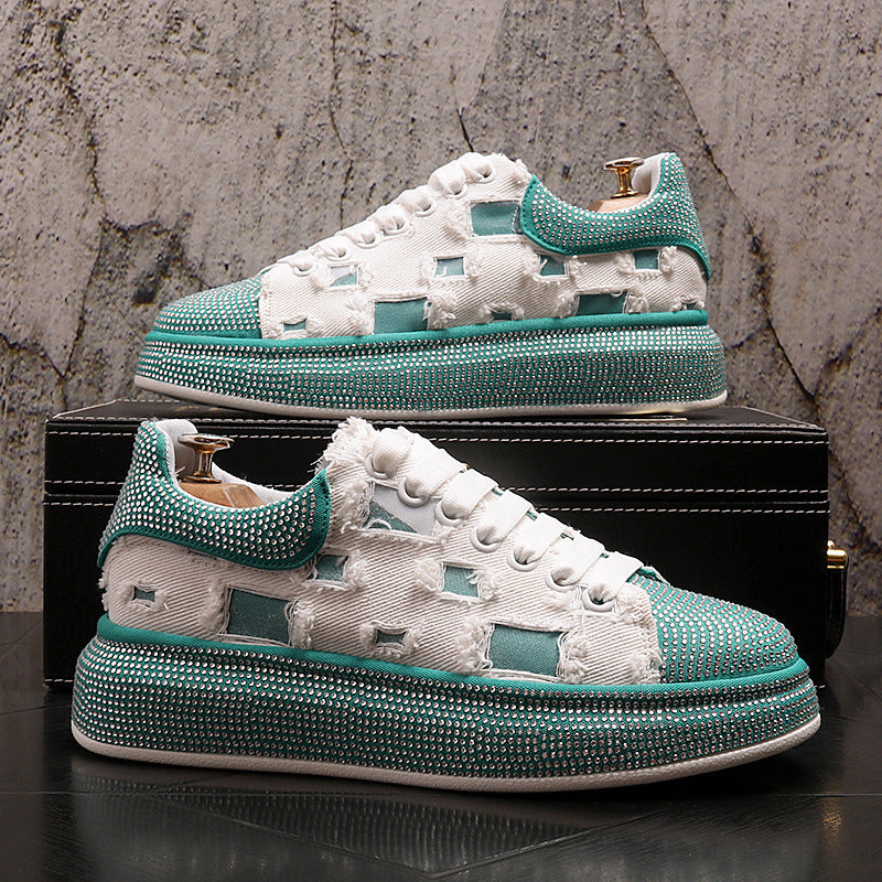 Europese Modieuze Casual Effen Kleur Accenten Canvas Sneakers met Strass-steentjes en Dikke Platformzool voor Heren