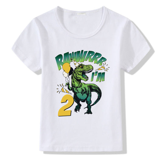 Casual Bedrukte Dino-ontwerp Verjaardag T-shirt van Cijfers 1-9 jaar met Ronde Hals en Korte Mouwen voor Kinderen