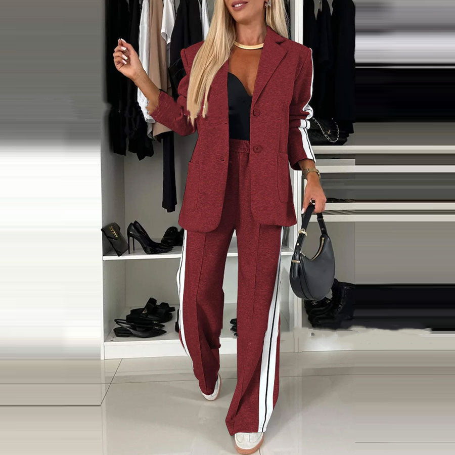 Stijlvolle Casual Business Effen Kleur Gestreepte 2-delige Sportpak * Oversized Revers Blazer met Knoopsluiting & Rechte Stretch Broek voor Dames & Plus-size