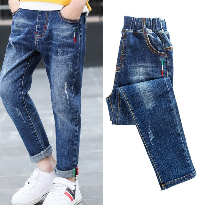 Europese Trendy Casual Ripped Washed Stretch Demin Jeans met Zakken voor Kinderen