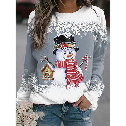 Kerstmis Casual Oversized Bedrukte Sneeuwpop-Print Sweatshirt met Ronde Hals