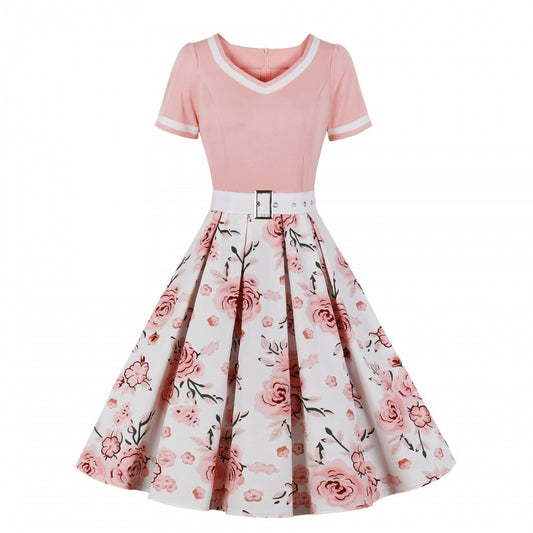 Hepburn Style Franse Bloemenprint Vintage Big Swingjurk met V-hals en Korte Mouwen voor Dames & Plus-size
