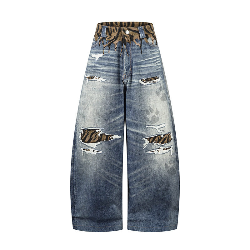 Stijlvolle Unieke Effen Kleur Geplooide Casual Washed Ripped Losse Jeans met Patchwork en Wijde Pijpen voor Unisex