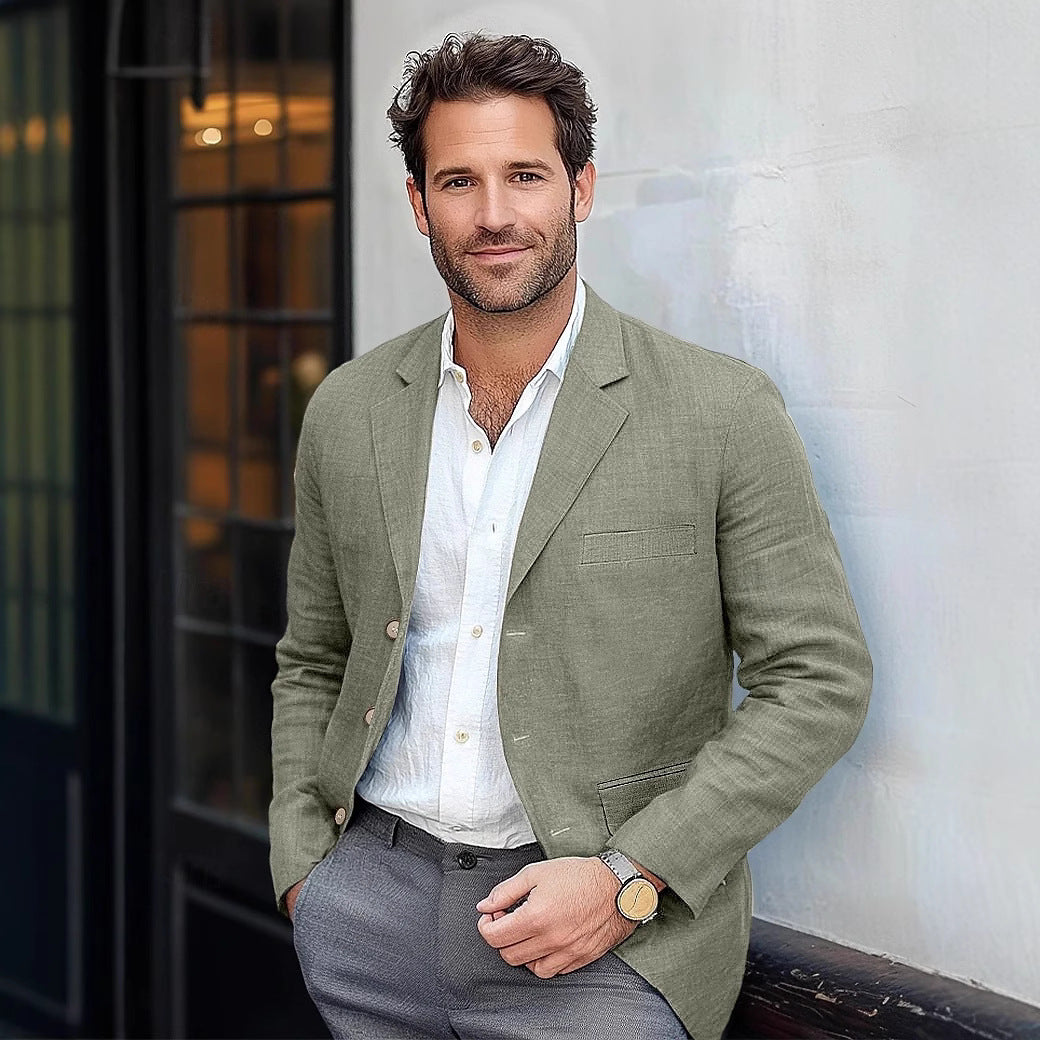 Retro Casual Effen Kleur Katoenen en Linnen Blazer met Knoopsluiting voor Heren & Jongens
