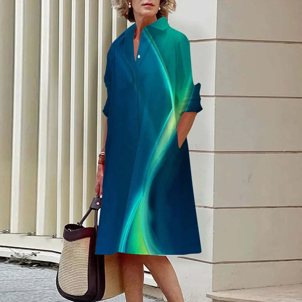 Klassieke Elegante Effen Kleur Middellange Overhemdjurk met Lange Mouwen voor Dames & Plus-size