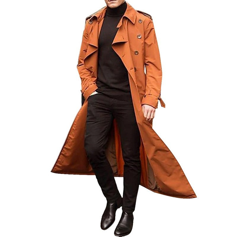 Britse Stijl Klassieke Double-breasted Lange Revers-Trenchcoat in Effen Kleur met Knoopsluiting voor Heren