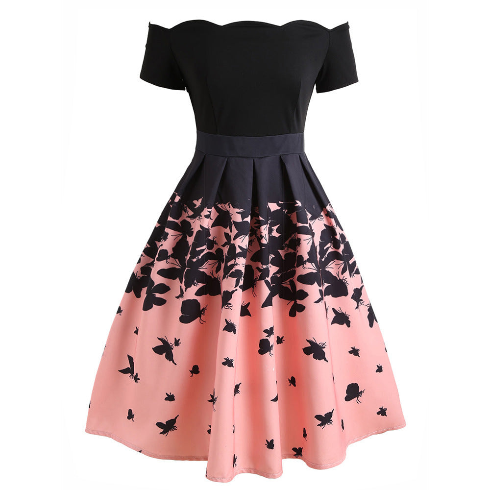 Elegante Vintage Off-Shoulder Gepooide Feestelijke-jurk met Vlinderpatroon voor Dames & Plus-size