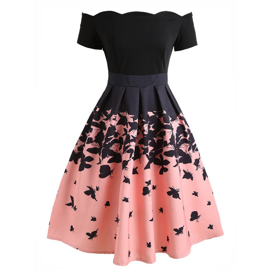 Elegante Vintage Off-Shoulder Gepooide Feestelijke-jurk met Vlinderpatroon voor Dames & Plus-size