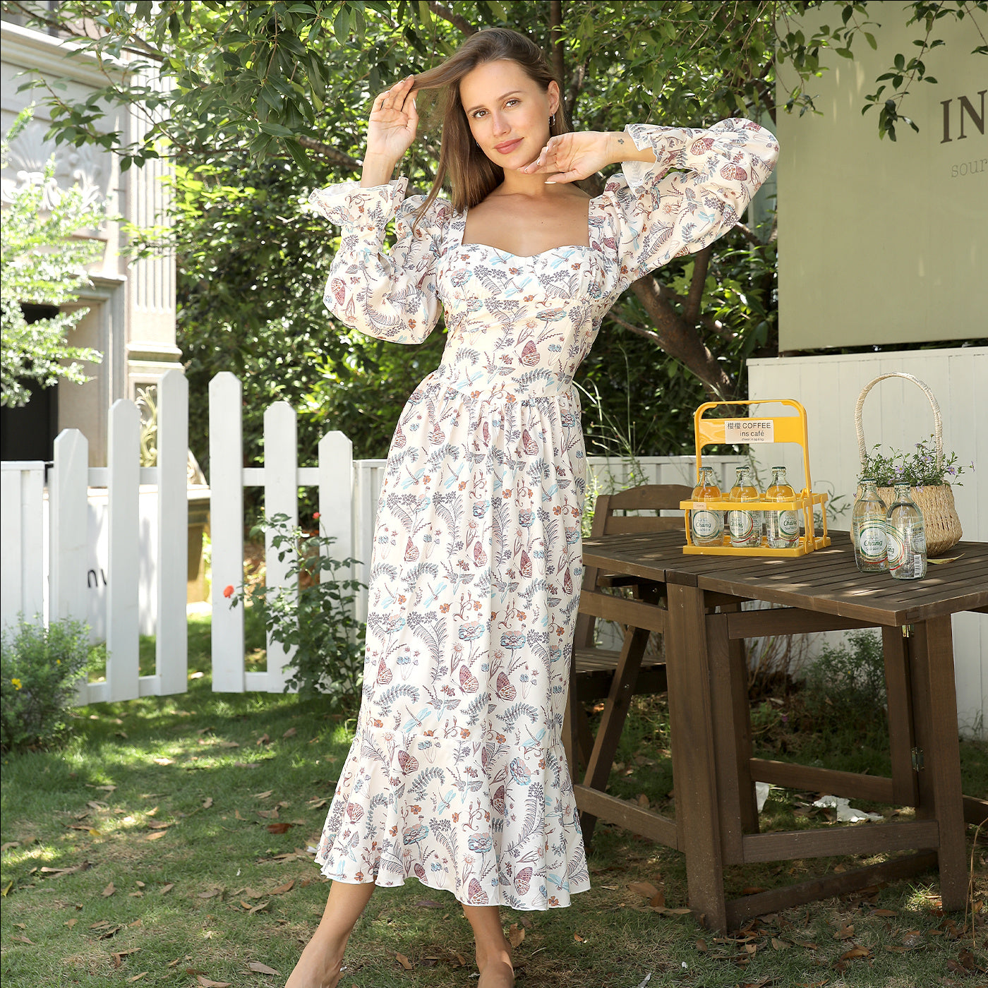 Casual Bloemenprint Maxi Trompetjurk met Vierkante Hals en Lange Mouwen voor Dames & Plus-size