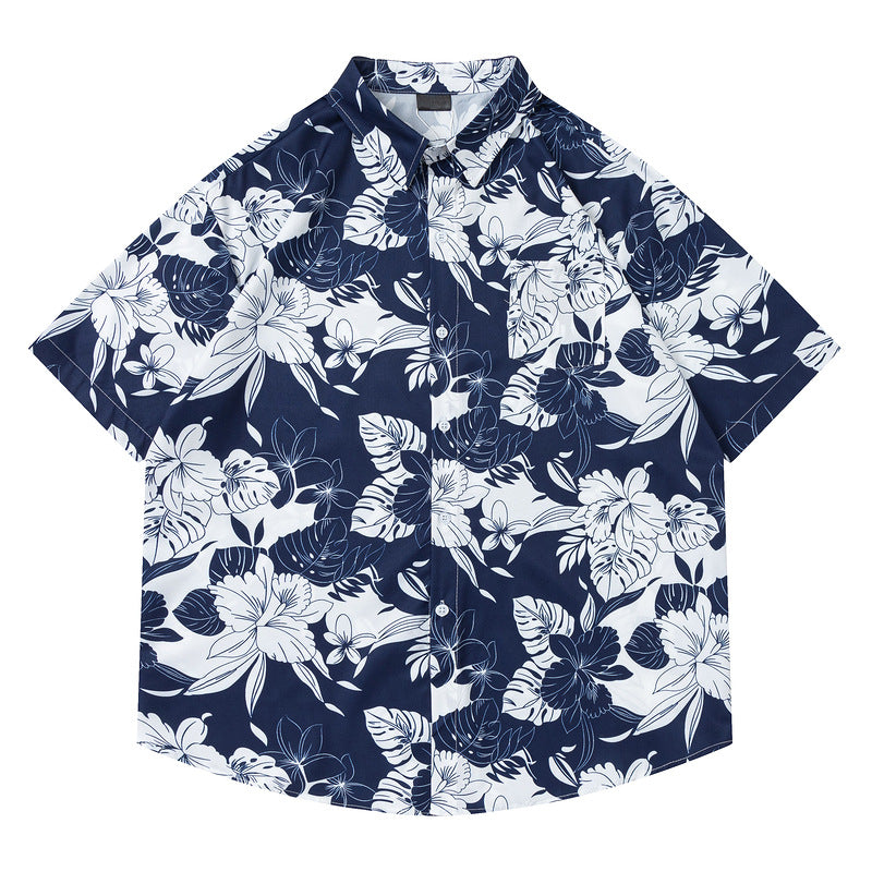 Retro Casual Kleurrijke Oversized Vintage Bloemenprint Overhemd met Knoopsluiting en Korte Mouwen voor Heren