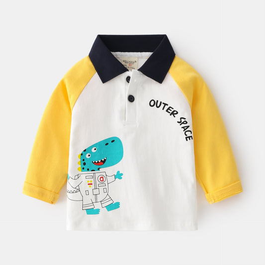 Modieuze Casual Katoenen Revers Poloshirt Bedrukte Cartoonprint met Knoopsluiting en Lange Mouwen voor Kinderen