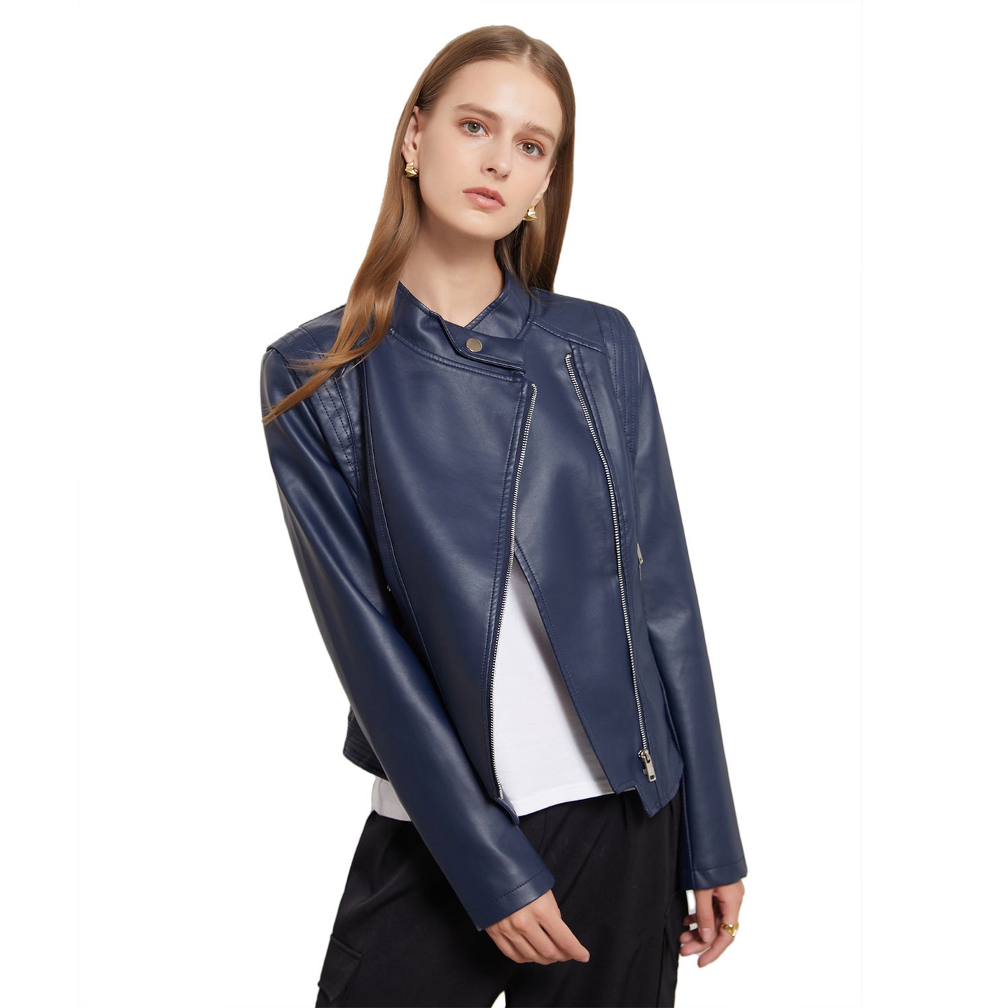 Casual Korte Slim-Fit Revers Motorjacket van PU-Leer met Ritssluiting voor Dames & Plus-size
