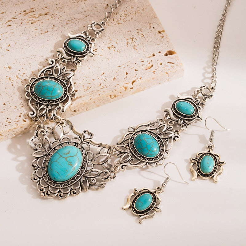 Elegante Sieradenset Klassieke Retro 18K Verguld Zilveren Statement Halsketting & Oorbellen van Legering met Ovale Turquoise Stenen voor Dames