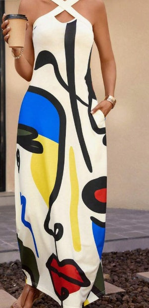 Casual/Elegante Mouwloze Abstractprint Halter Maxi-jurk met Gekruiste Hals en Zijzakken voor Dames & Plus-size