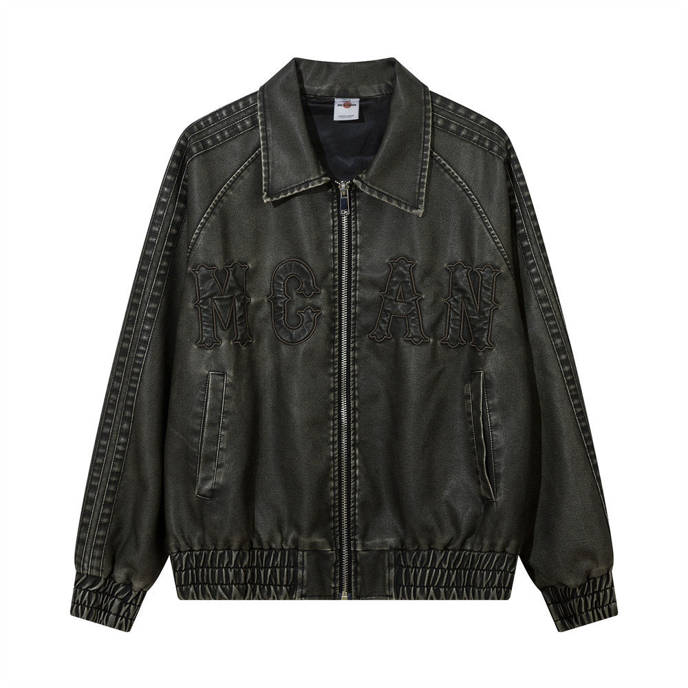 Trendy Losse Jacket van PU-Leer en Geborduurde Letters voor Heren