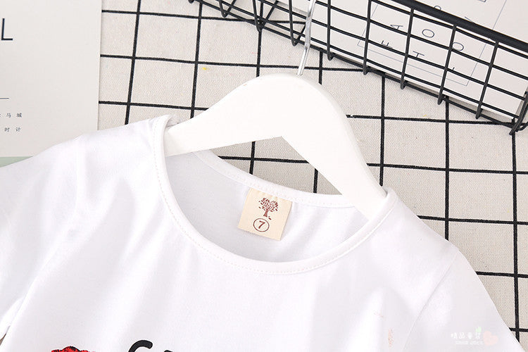 Meisjes-Outfit Twee-delig Wit T-shirt met Print & Denim Rok met Print