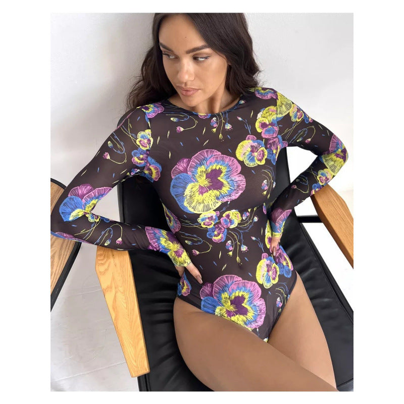 Europese Elegante ééndelig Effen Kleur Strand Bodysuit/ Badpak met All-Over Bedrukking en Lange Mouwen