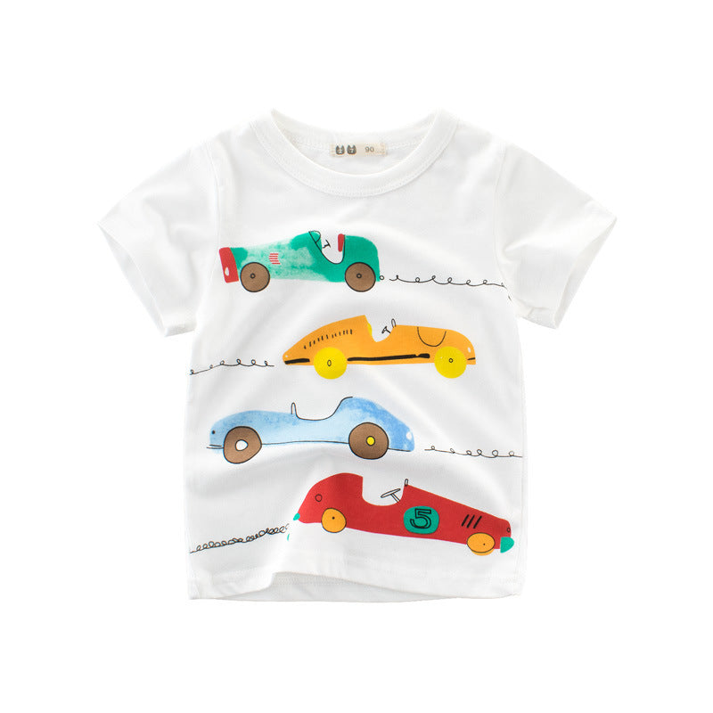 Europese Trendy Casual Bedrukte Auto Cartoon Print T-shirt met Ronde Hals en Korte Mouwen voor Kinderen