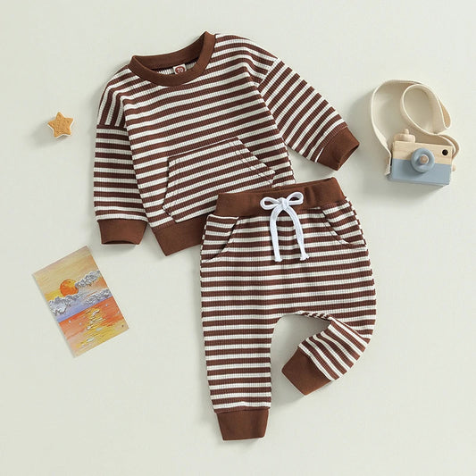Tweedelig Joggingset Casual Gestreepte Sweatshirt met Zak & Gestreepte Joggingbroek met Vetervoor Baby's/ Peuters