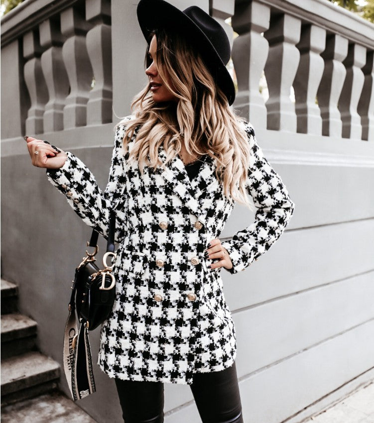 Vintage Formeel Geruite Blazer-jas van Wol met Knoopsluiting voor Dames & Plus-size