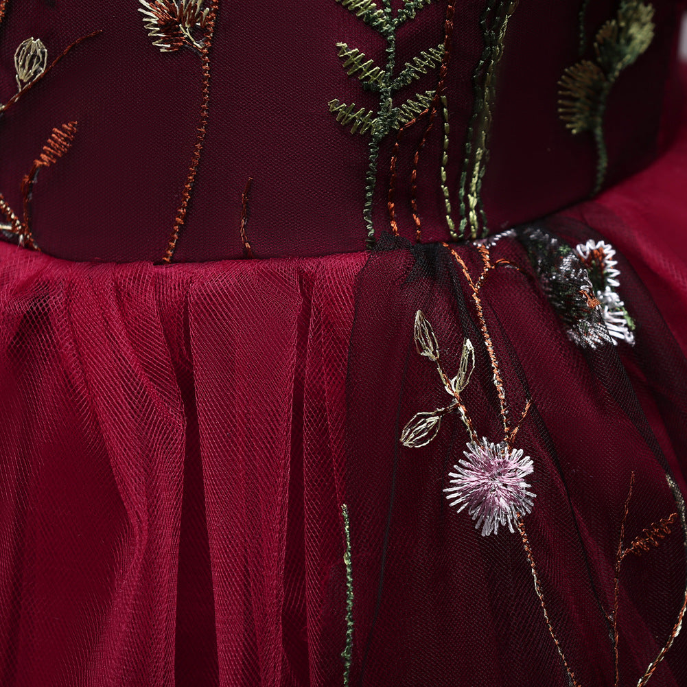 Elegante Effen Kleur Mouwloze Feestjurk van Kant en Mesh met Geborduurde Bloemenpatroon en Ritssluiting voor Meisjes & Meiden