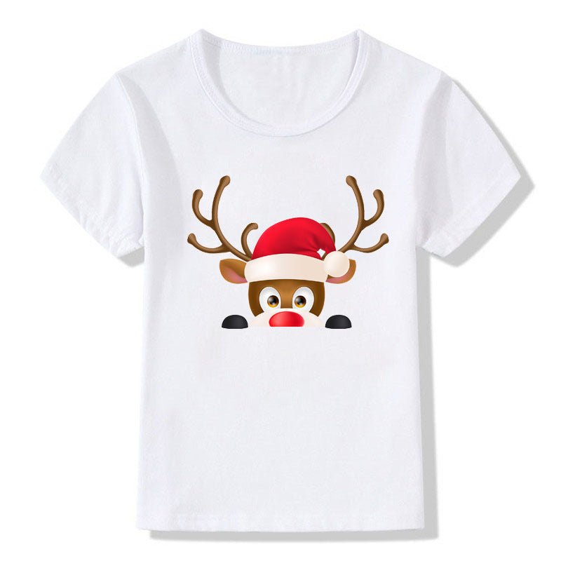 Amerikaanse Kerstmis Casual Bedrukte Schattige Cartoon Kerst T-shirt met Ronde Hals en Korte Mouwen voor Kinderen