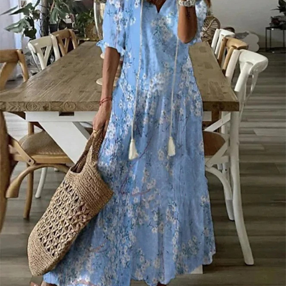 Stijlvolle Elegante Bedrukte Bloemenprint Maxi-jurk met Lange Mouwen en V-hals voor Dames & Plus-size