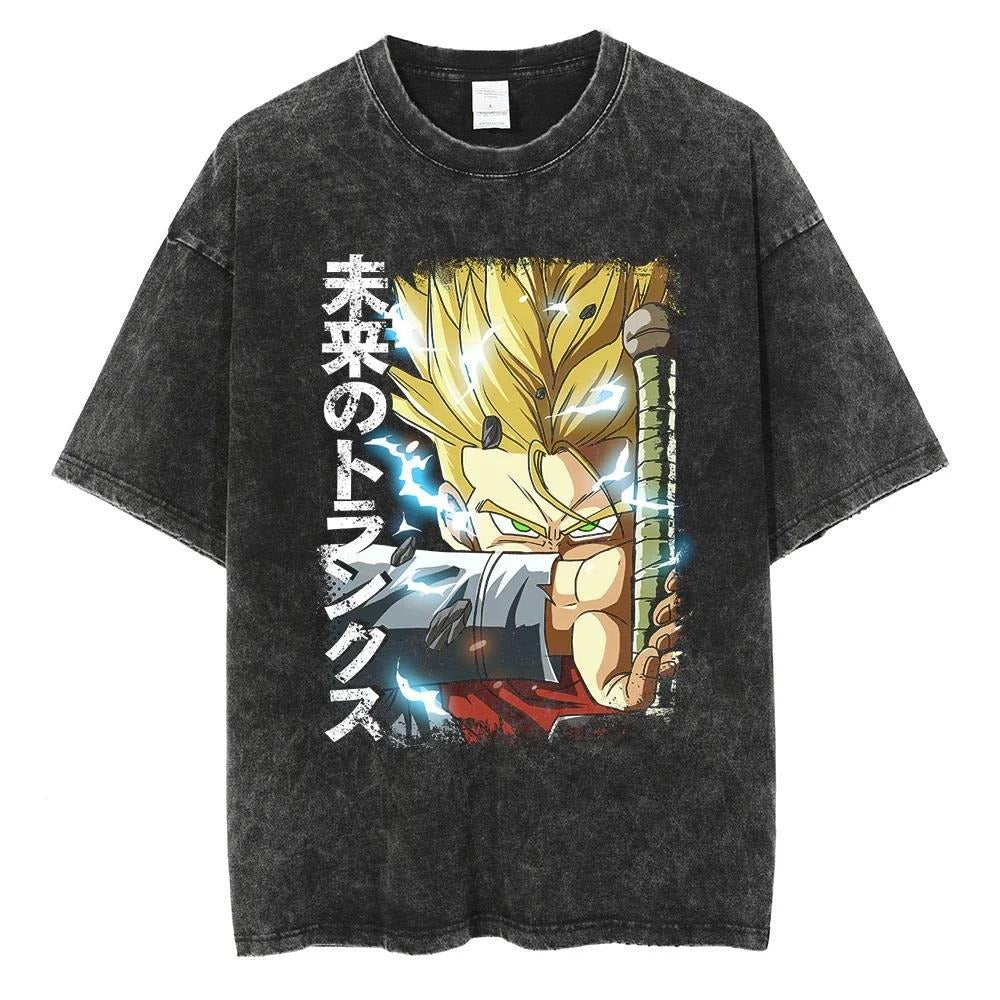 Hiphopstijl Klassieke Effen Kleur Oversized Casual Vintage Washed Cartoonprint T-shirt met Ronde Hals en Korte Mouwen voor Heren, Zwart Vintage