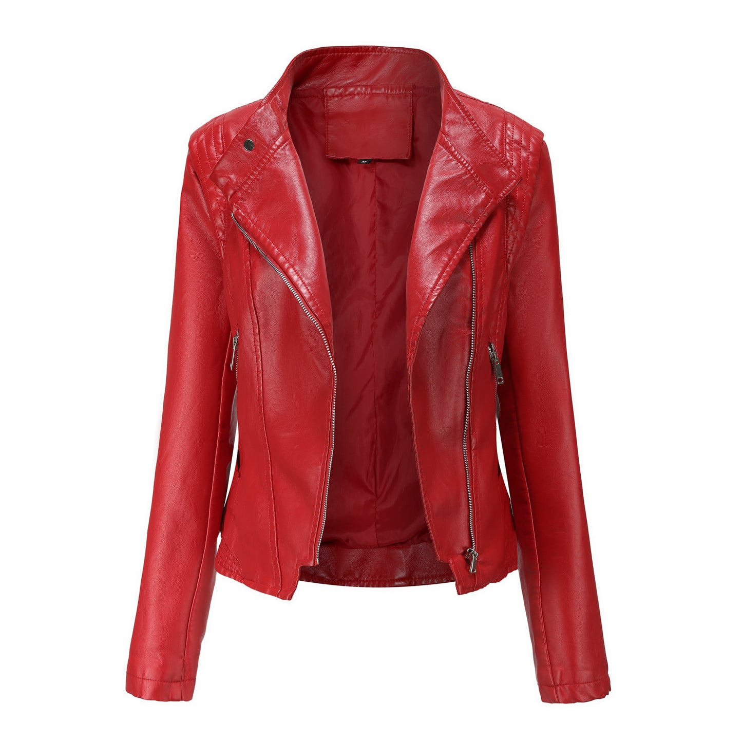 Casual Korte Slim-Fit Revers Motorjacket van PU-Leer met Ritssluiting voor Dames & Plus-size