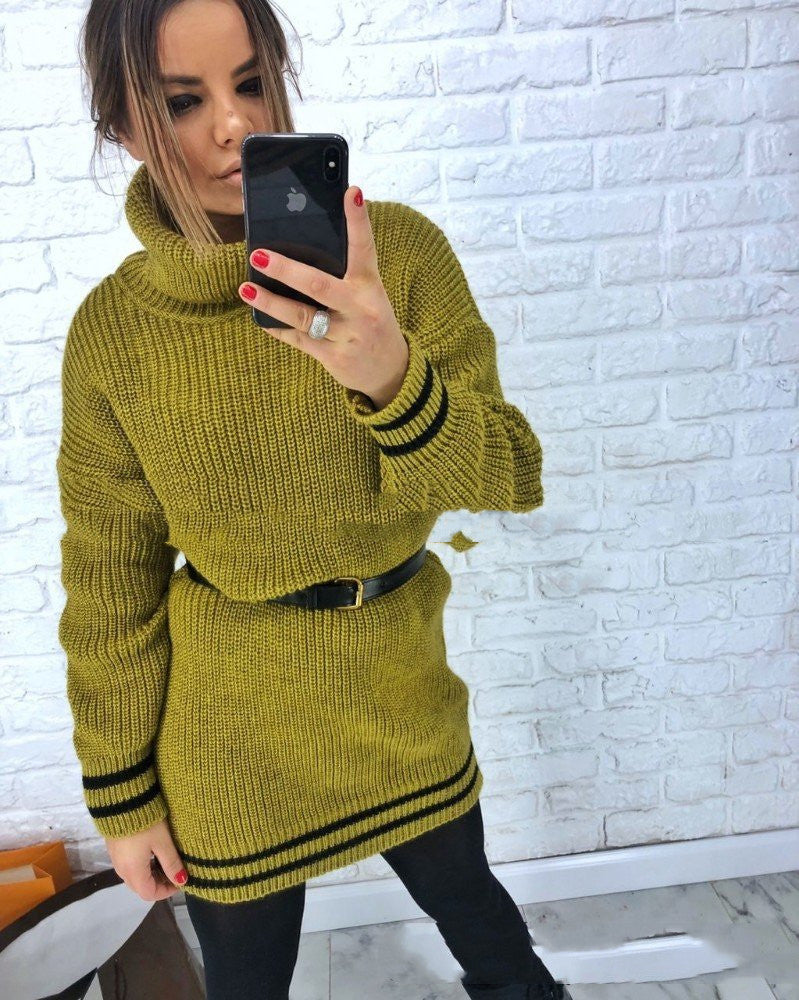 Europese en Amerikaanse Losvallend Gebreide Trui met Hoge Hals en Grote Strepen voor Dames & Meiden