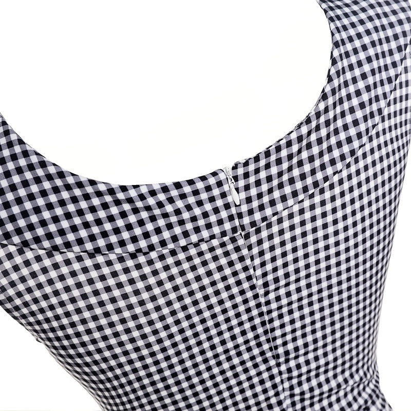 Hepburn Style Vintage Slim-Taille Swingjurk met Ronde Hals en Geruitpatroon voor Dames & Plus-size