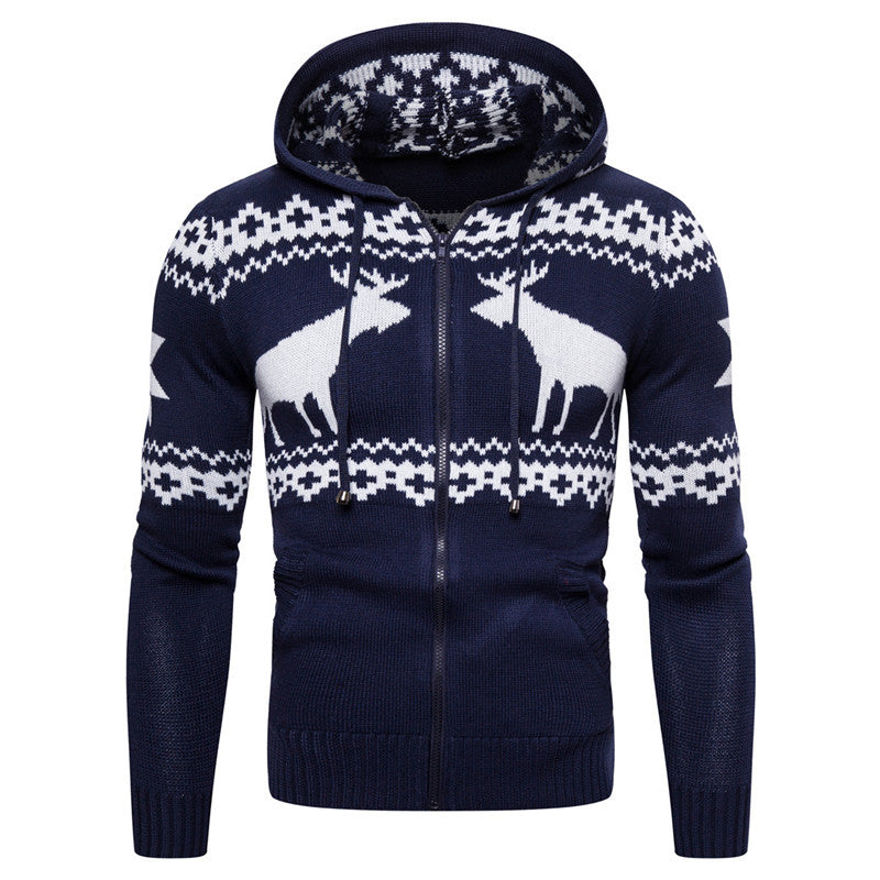 Kerstmis Casual Effen Kleur Gebreide Kersttrui met Ritssluiting en Capuchon in Fawn-Stijl voor Heren