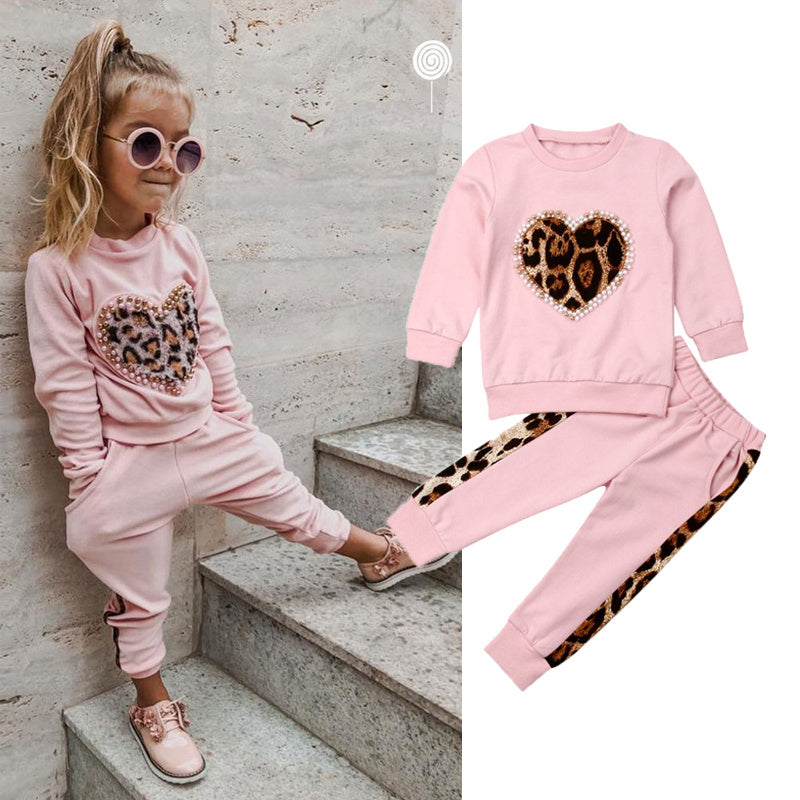 Schattige Tweedelige Outfit Sweatshirt met Geborduurde Print & Joggingbroek met Print voor Meisjes