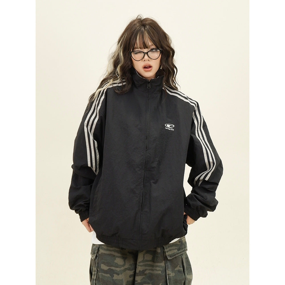 Amerikaanse Retro College Style Reversible Jacket met Ritssluiting en Patroon voor Dames & Plus-size