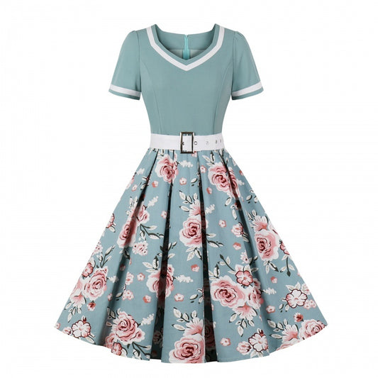 Hepburn Style Franse Bloemenprint Vintage Big Swingjurk met V-hals en Korte Mouwen voor Dames & Plus-size