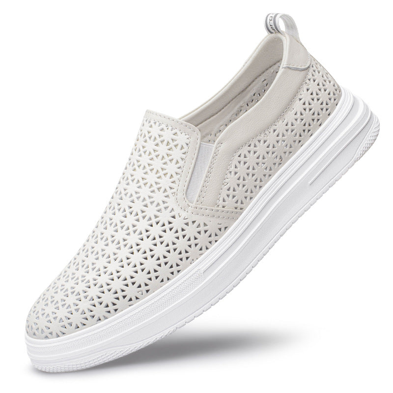 Eenvoudige Comfortabel Ademende Casual Effen Kleur Slip-On Boardschoenen van Echt Leer met Ronde Neus en Dikke Platformzool voor Heren & Jongens