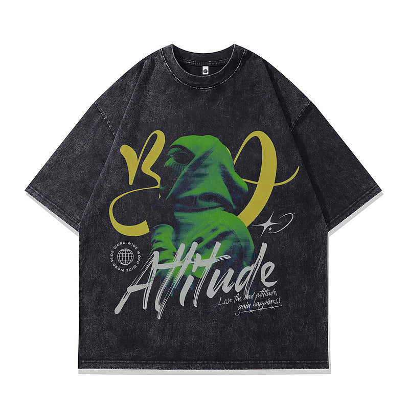 Trendy Klassieke Effen Kleur Casual Vintage Ronde Hals T-shirt met Abstracte Spuitprint en Korte Mouwen voor Heren