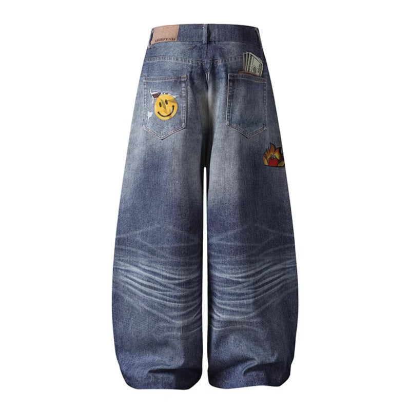 Trendy Stijlvolle Effen Kleur Casual Vintage Washed Denim Jeans met Geborduurde Patchwork en Wijde Rechte Pijpen voor Unisex