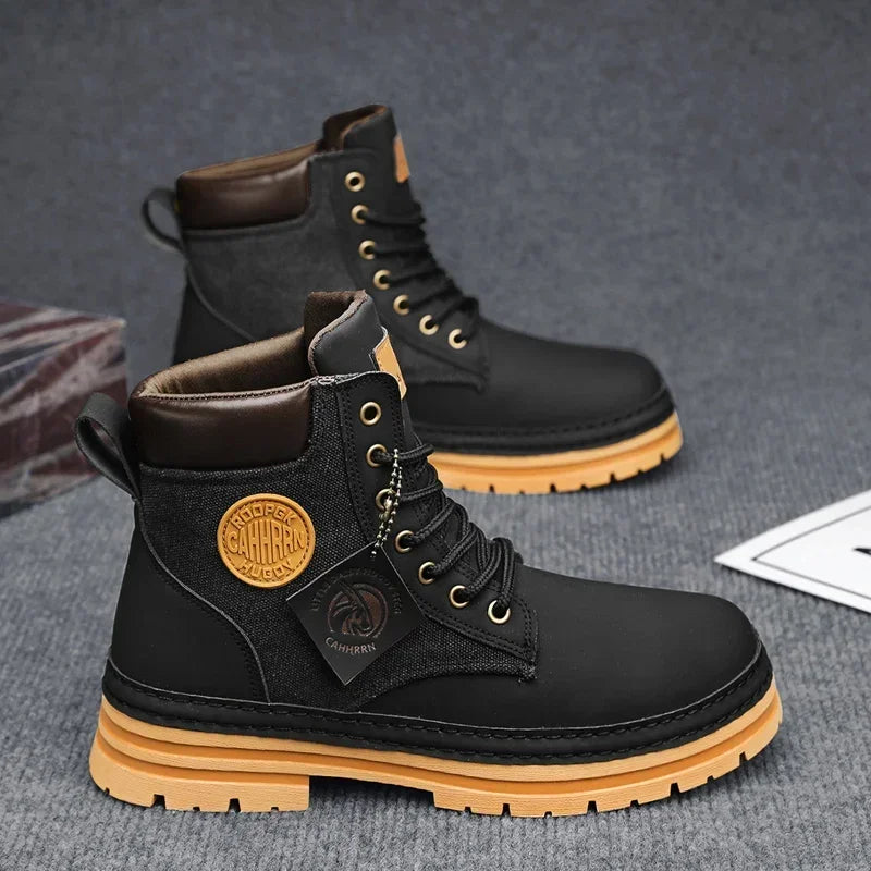 Stijlvolle Casual Business Effen Kleur Outdoor Hoge Workboots van PU-Leer met Patchwork en Dikke Zool