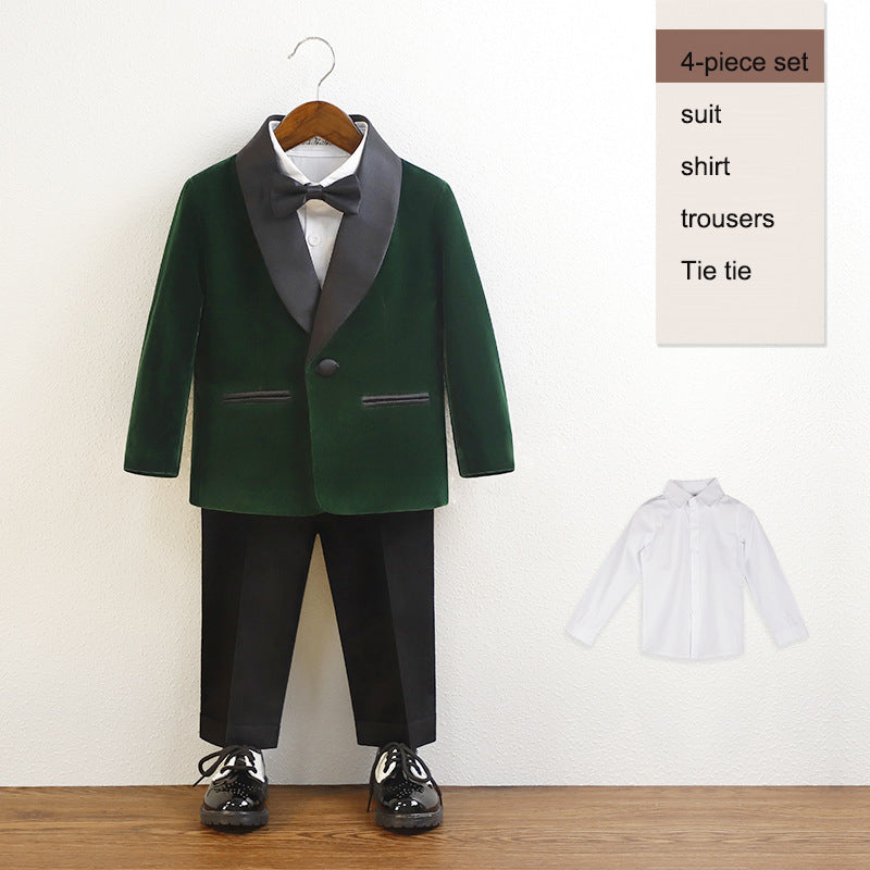 Elegante Effen Kleur Britse Stijl Kinderkostuum Reverskraag Blazer met Overhemd Inclusief Strikje en Bijpassende Pantalon voor Jongetjes