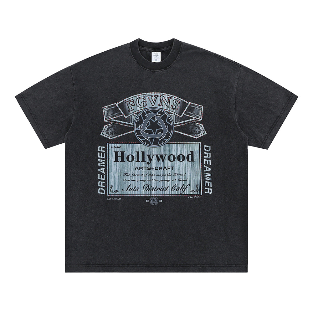 Modieuze Klassieke Effen Kleur Oversized Casual Vintage Ronde Hals T-shirt met Bedrukte Geometrische Print en Korte Mouwen voor Heren