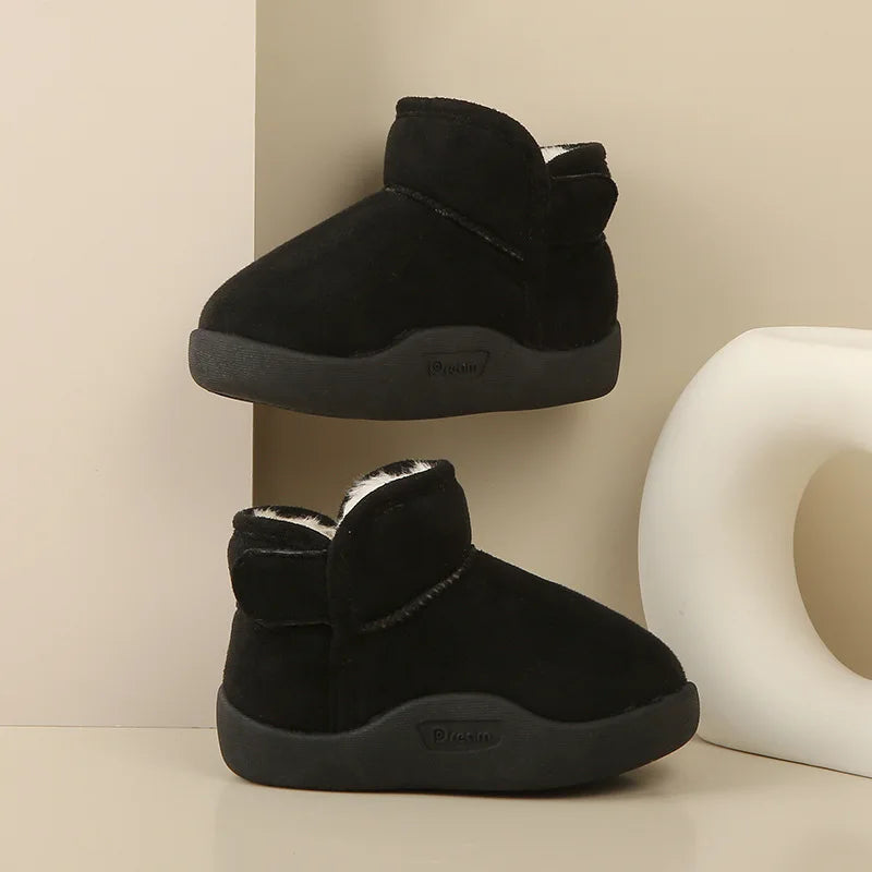 Trendy Effen Kleur Warme Winterse Enkellaarsjes van Pluche en PU-Leer met Ronde Neus en Klittenbandsluiting voor Kinderen