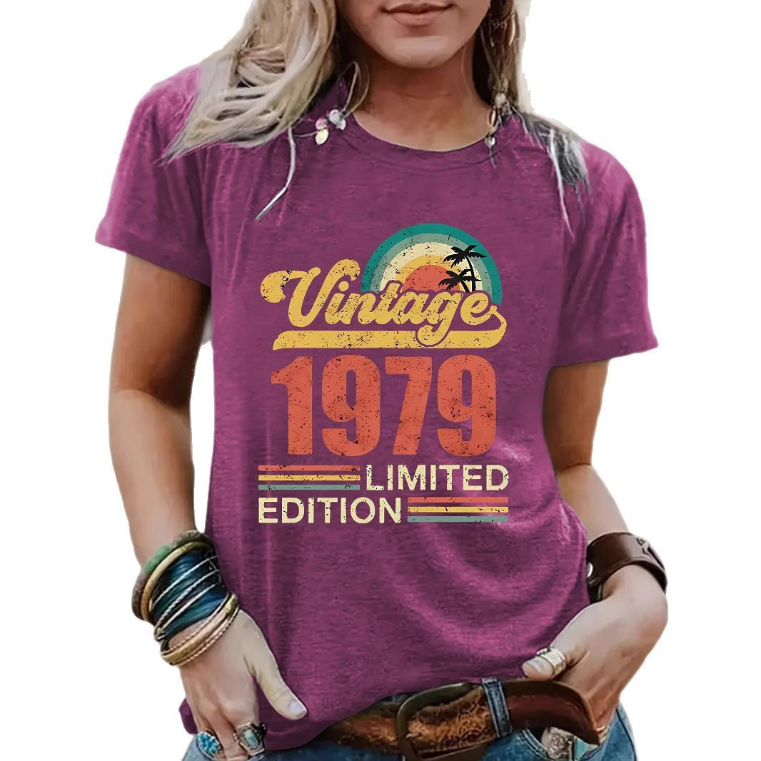 Klassiek Casual Effen Kleur Bedrukte Vintage Stijl uit 1979 T-shirt met Ronde Hals en Korte Mouwen voor Dames/Meiden & Plus-SizeKlassiek