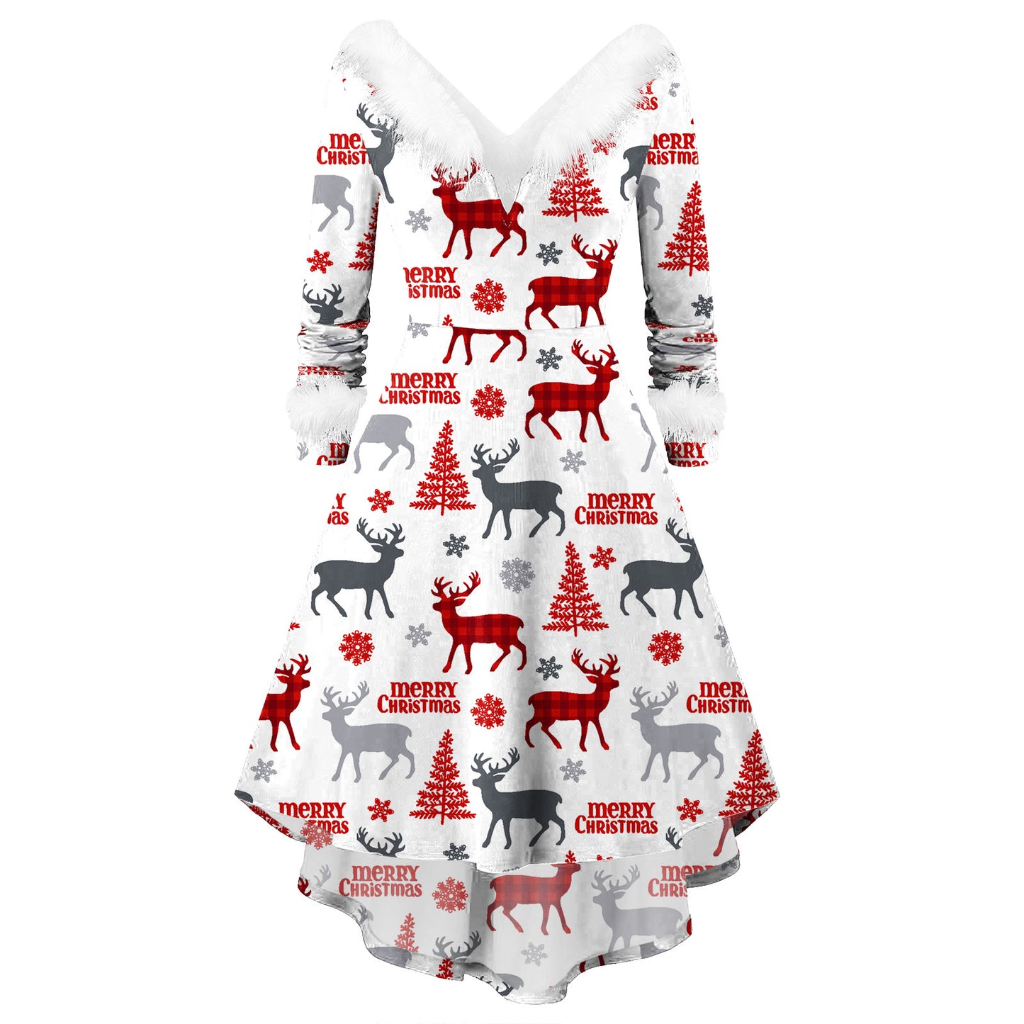 Kerstmis Elegante Bedrukte Kerstjurk met Lange Mouwen en V-hals voor Dames & Plus-size