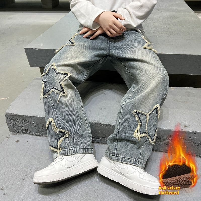 Jongens Jeans van Fluweel/ zonder Fluweel met Wijde Pijpen en Sterpatroon voor Kinderen/ Tieners