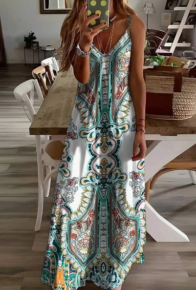 Casual Mouwloze V-hals Boho Cami Maxi-jurk met Paisley Patroon en Spaghetti Bandjes voor Dames